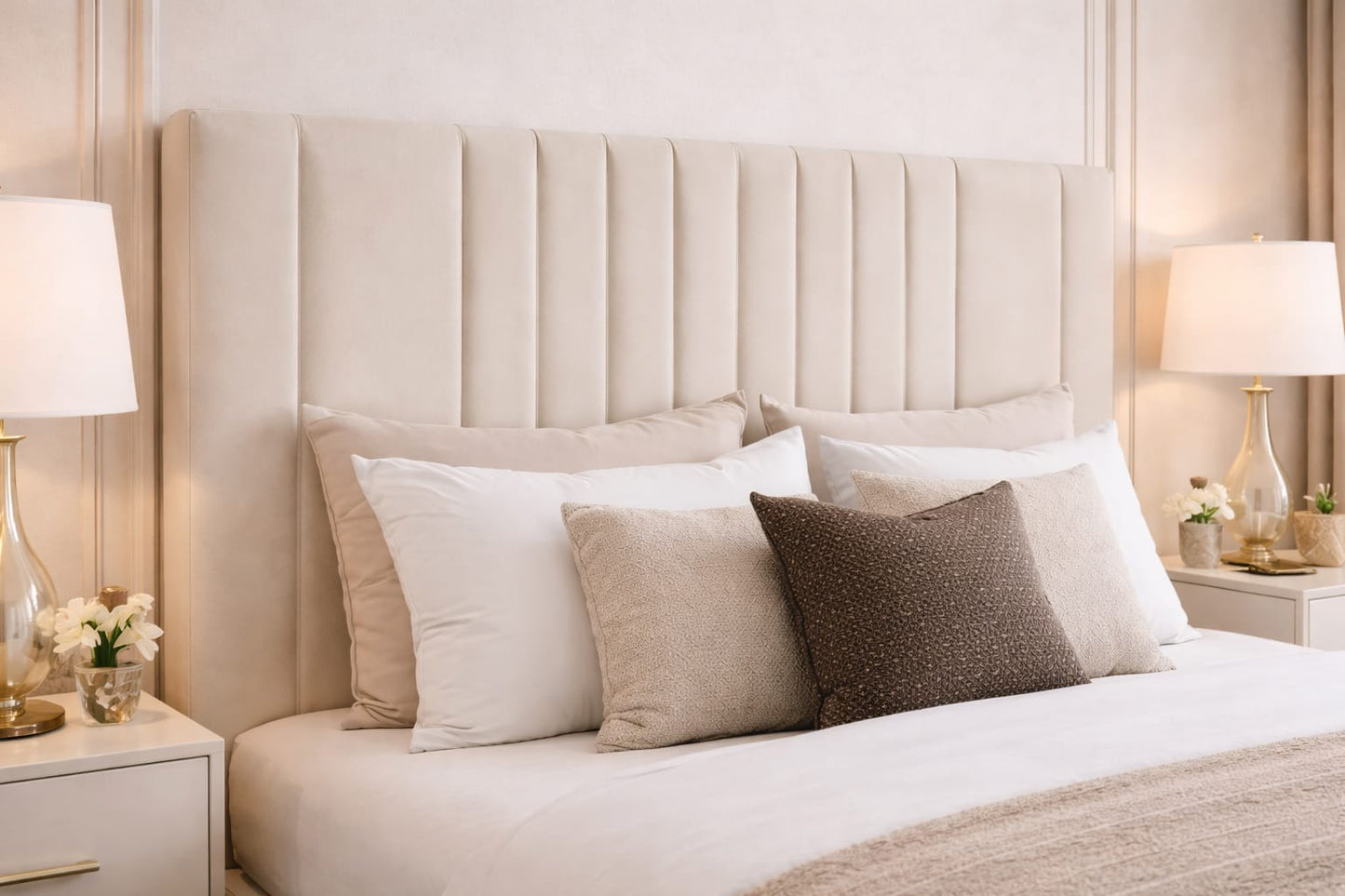 Neatly made bed with decorative pillows in a bedroom setting.