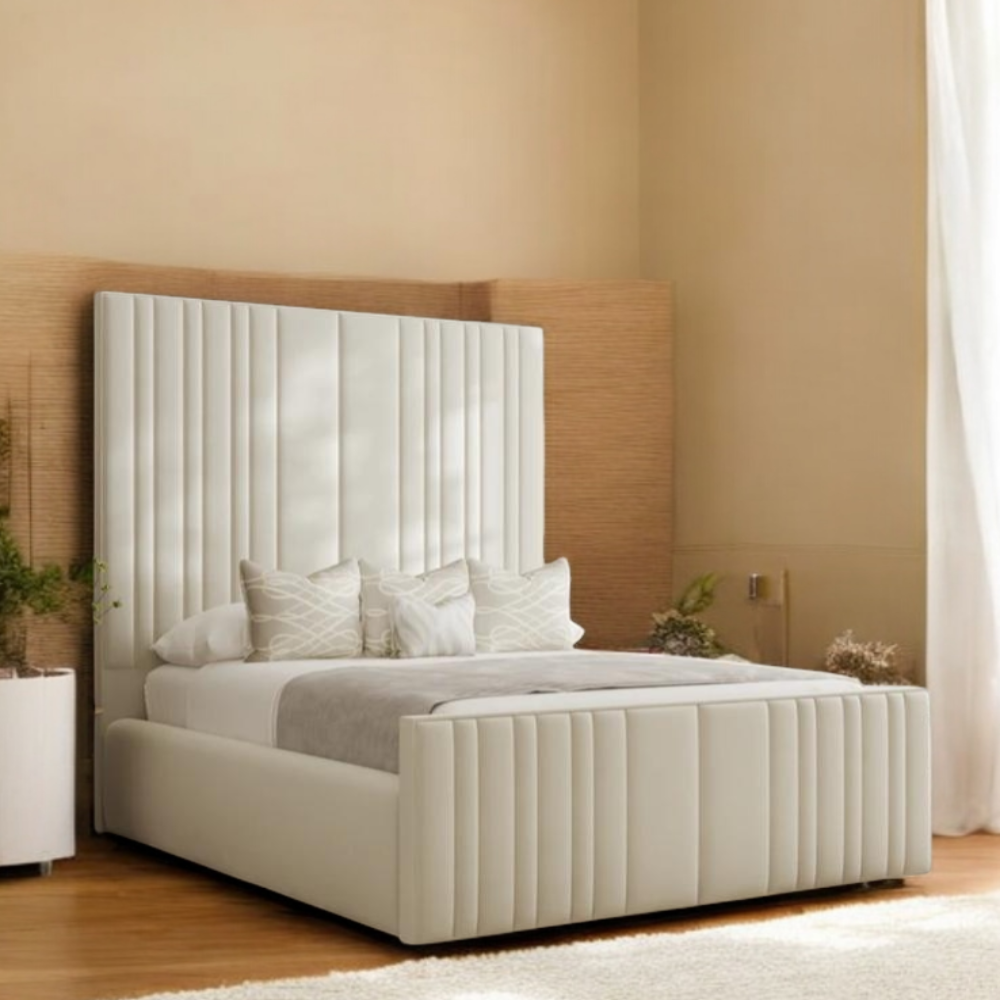 Sierra luxury panel bed with vertical upholstered headboard and matching base in a bright modern bedroom.