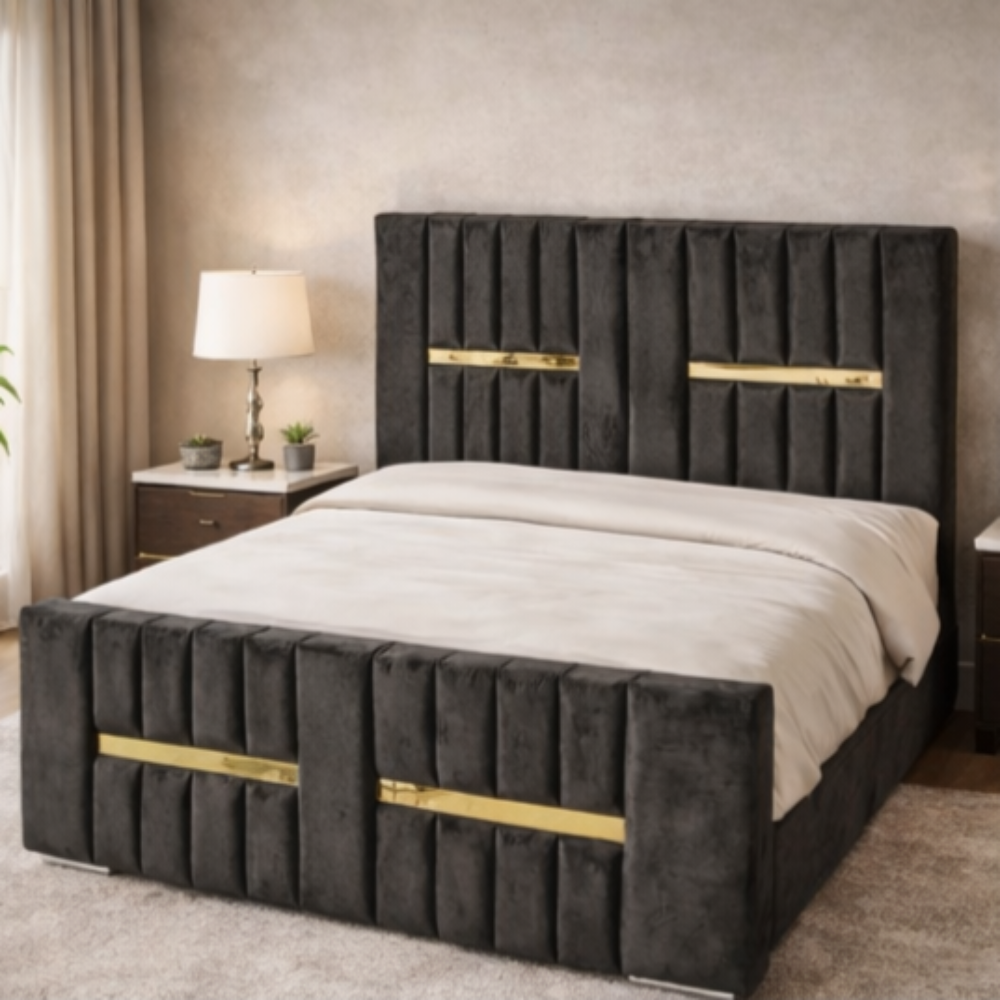 The Waterloo Luxury Panel Bed with black velvet panels and gold accents, tall headboard and matching footboard in modern bedroom setting.