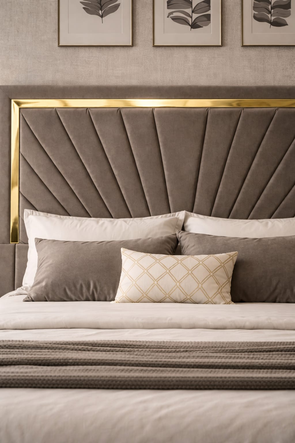 Gray upholstered bed with decorative pillows and a gold headboard.