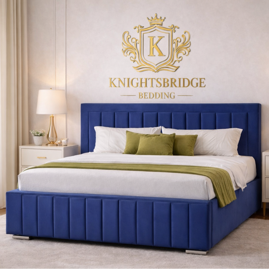 Navy blue velvet king size bed with vertical channel tufting and green cushions, Knightsbridge Bedding