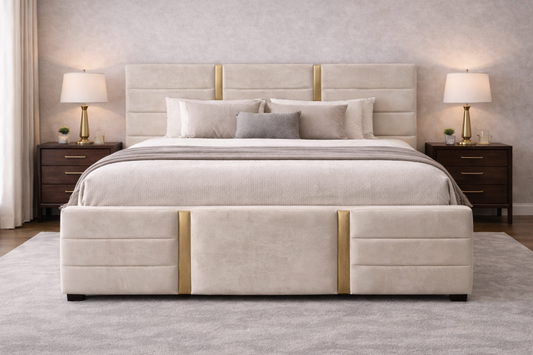 Small double beige velvet luxury bed with gold brass accent panels and wide upholstered headboard from Knightsbridge Bedding.