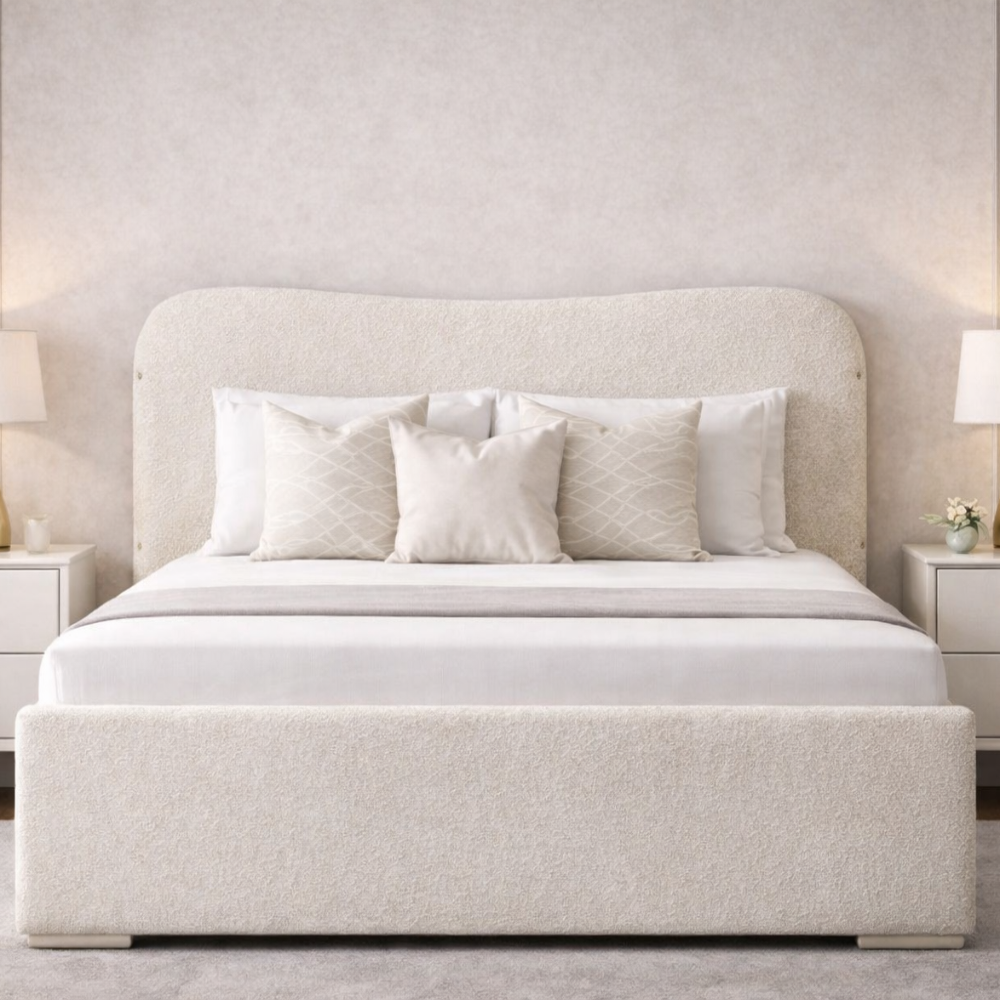 The Blush Haven Kids Bed in soft cream boucle fabric with rounded headboard and padded frame in contemporary kids bedroom setting.