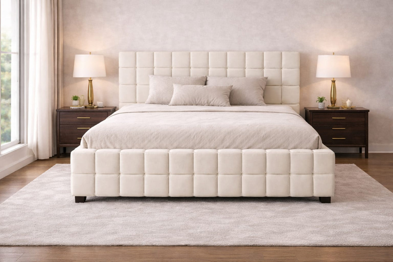 Beige upholstered bed in a bedroom setting with two lamps on nightstands.