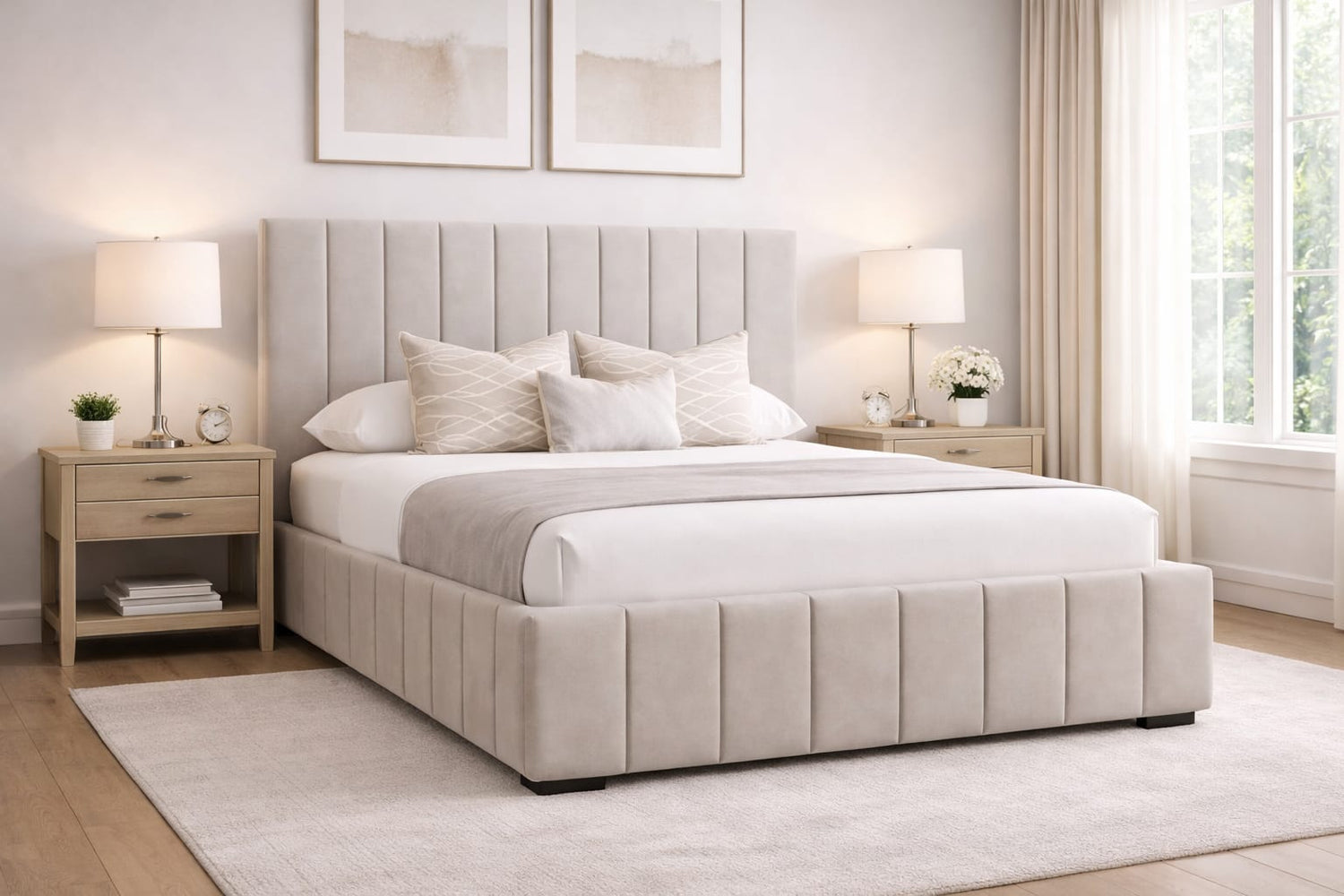 Neatly made bed with beige upholstered headboard in a well-lit bedroom.