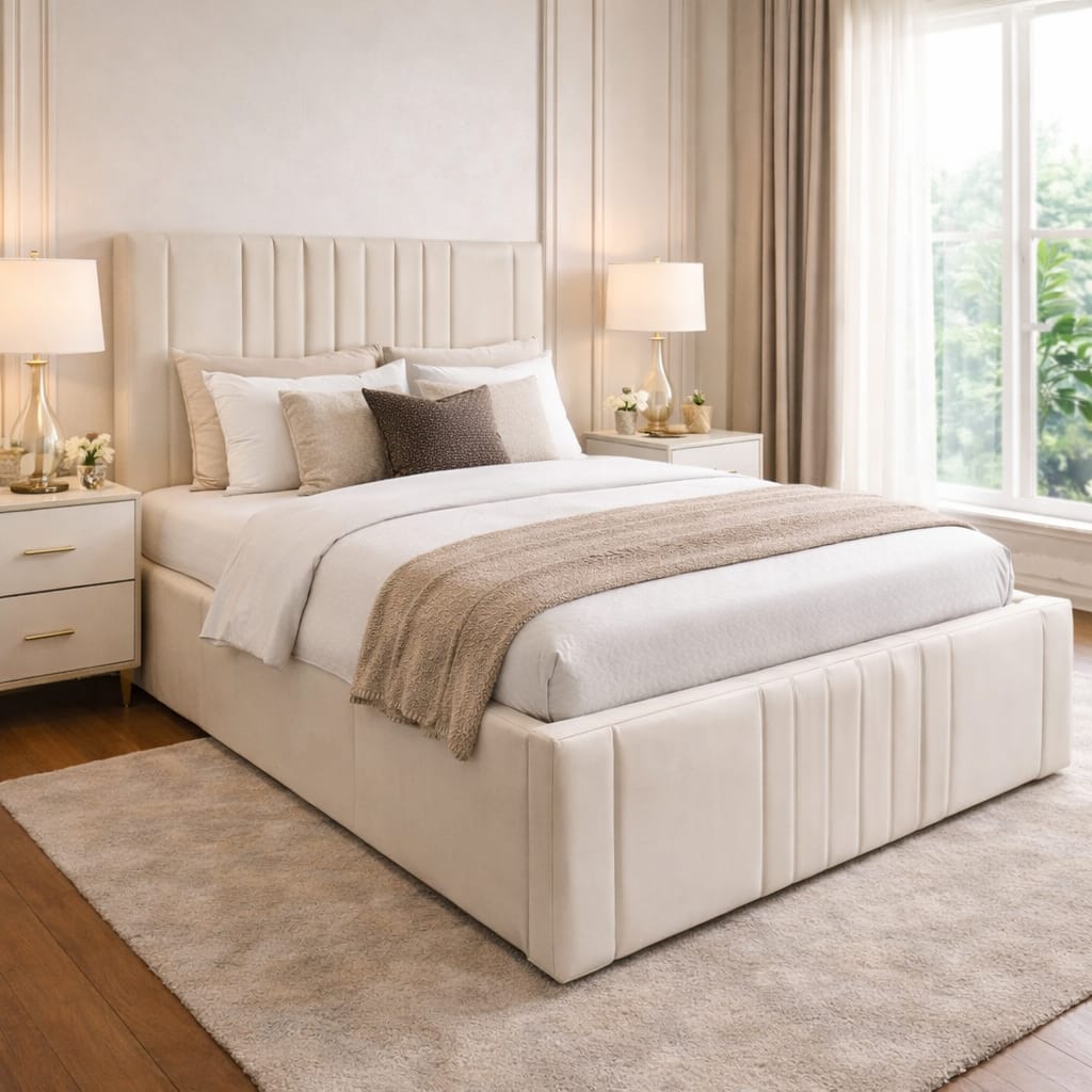 Neatly made bed with beige and brown bedding in a well-lit bedroom.