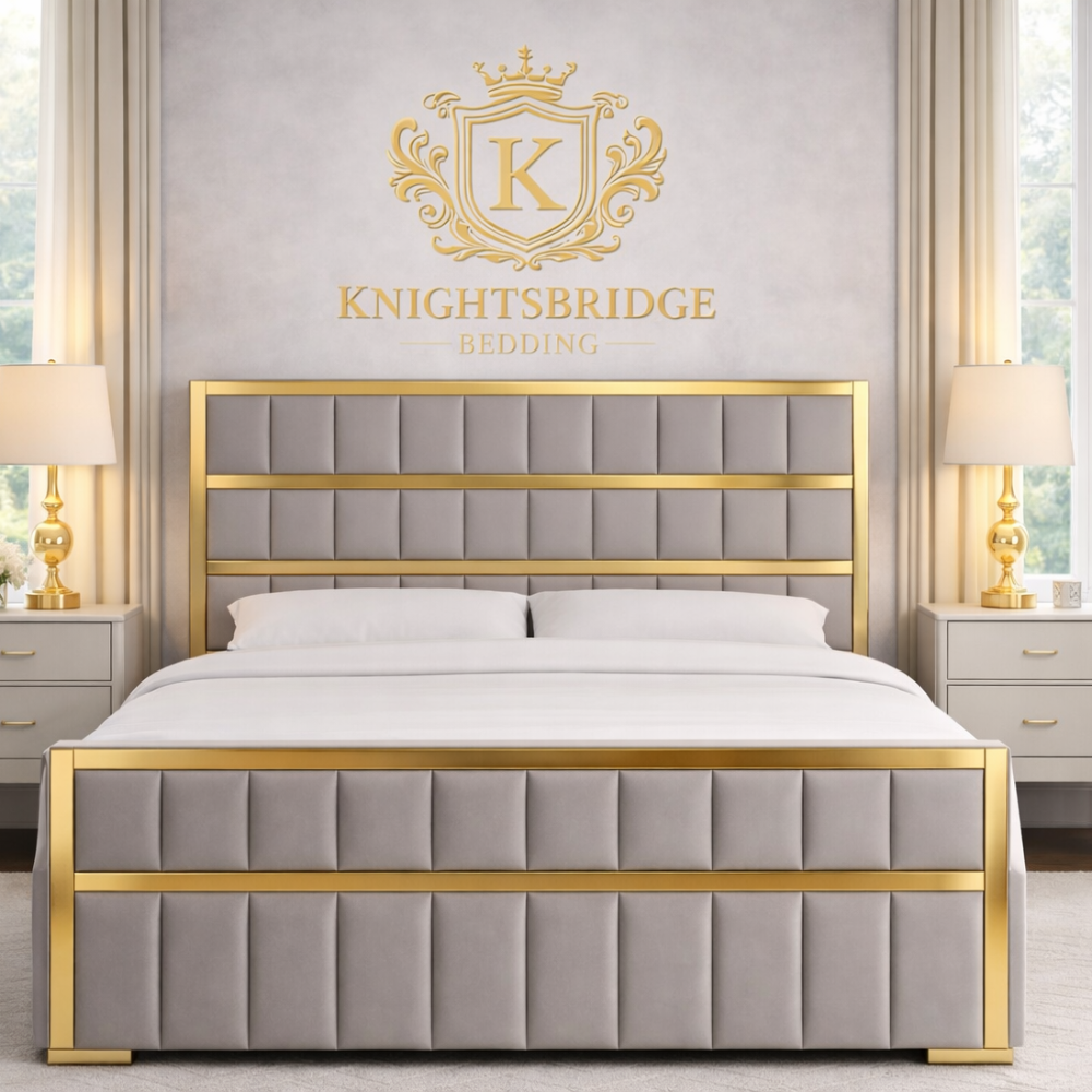 Grey Marquee luxury panel bed with gold frame, tall padded headboard and matching footboard in a bright modern bedroom setting.