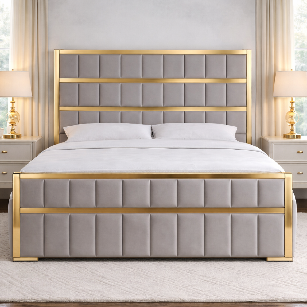 Grey Marquee Luxury Panel Bed with gold frame, tall padded headboard and matching footboard in elegant neutral bedroom setting.