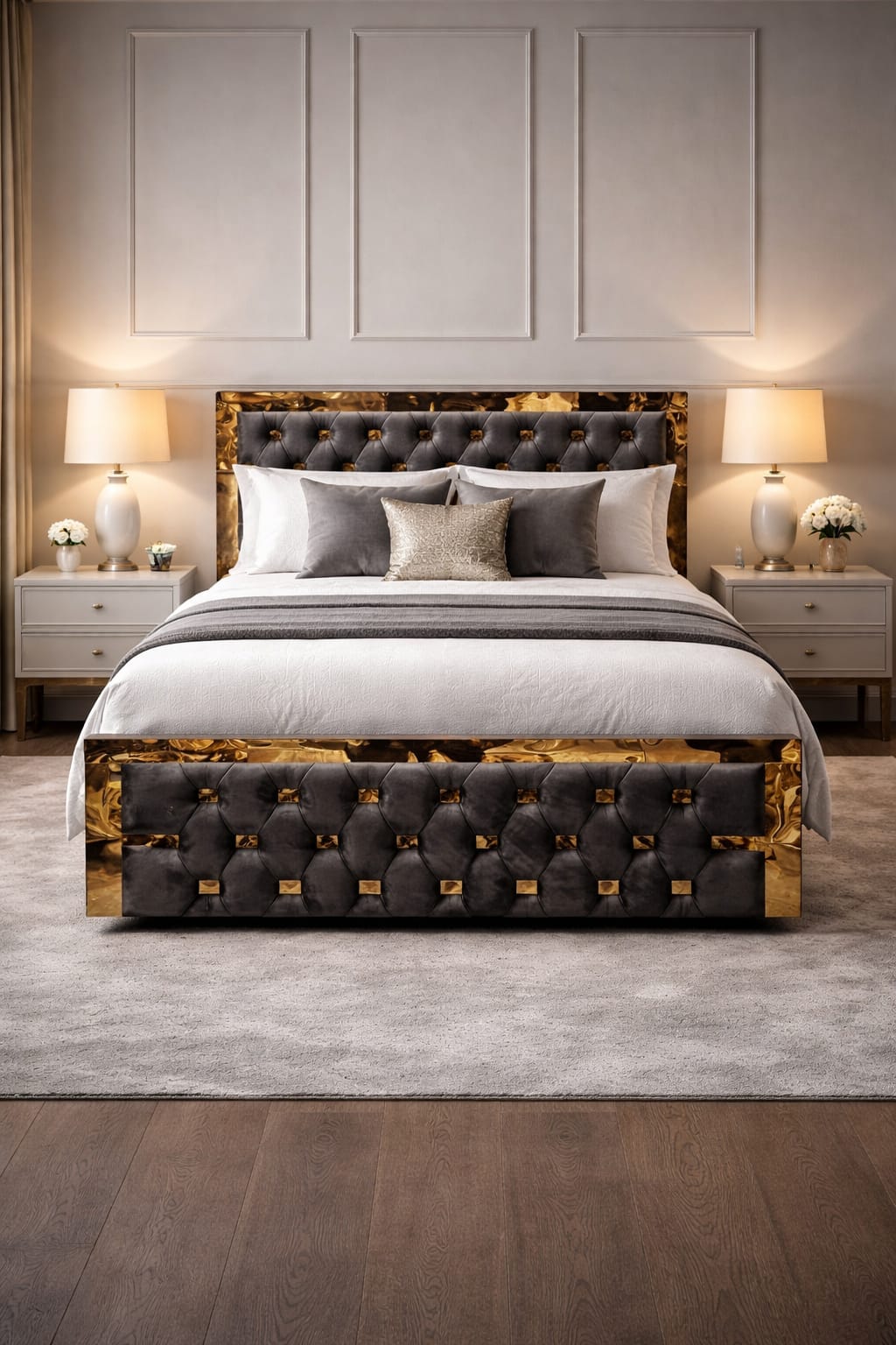Luxury bedroom with a tufted bed and matching headboard.