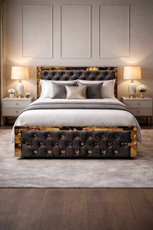 Luxury bedroom with a tufted bed and matching headboard.