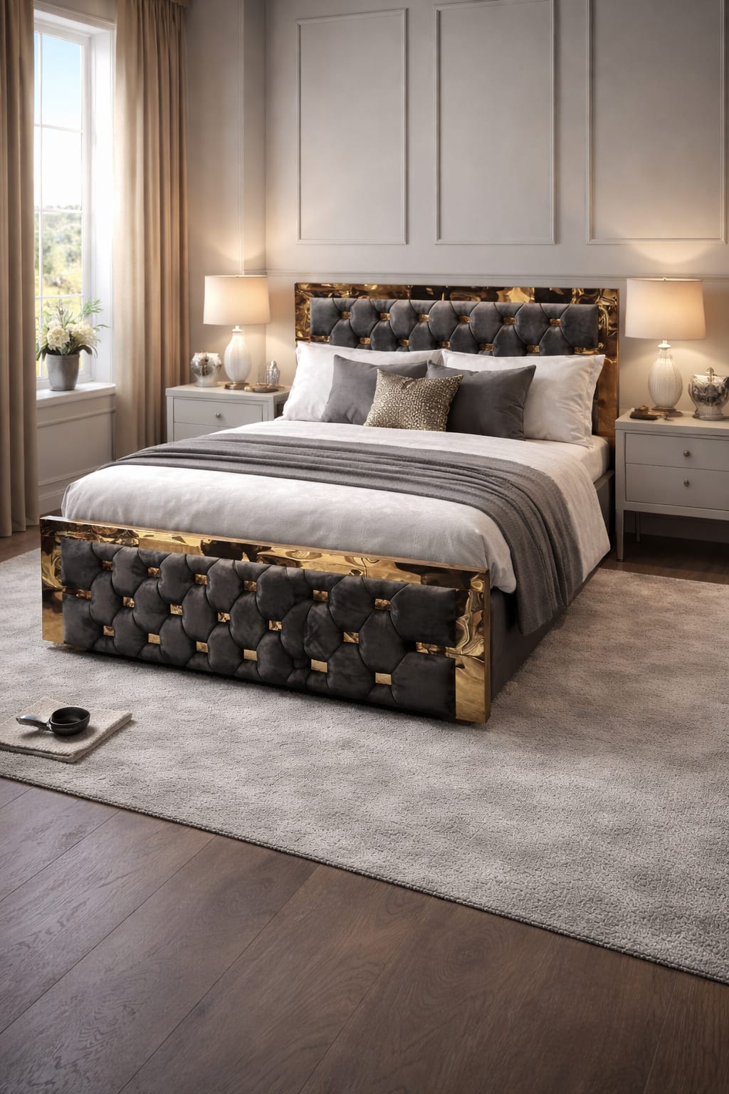Luxurious bedroom with a tufted bed and decorative elements.