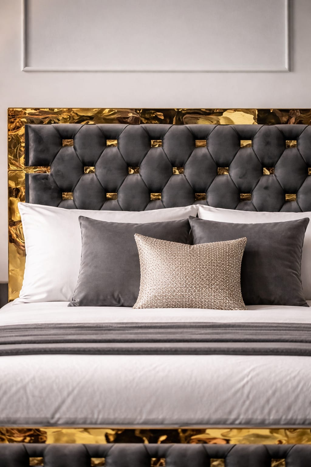 Gray tufted headboard with decorative pillows against a gold and white wall.