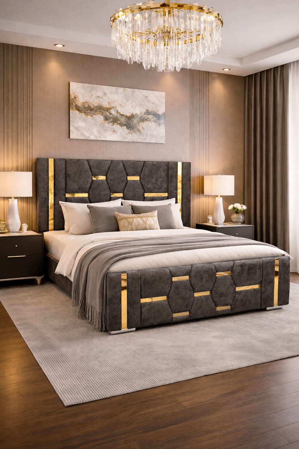 Modern bedroom with a large bed, nightstands, lamps, and a chandelier.