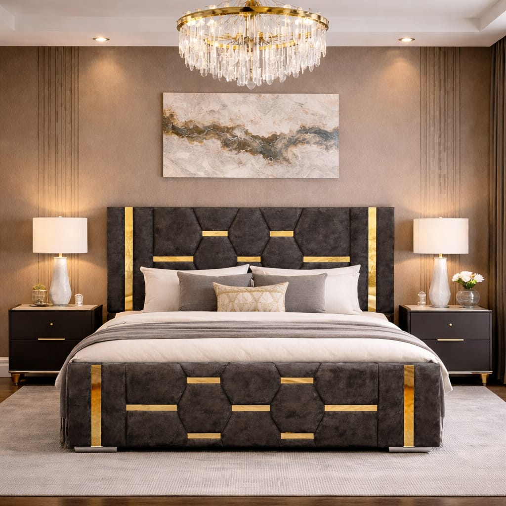 Modern bedroom with a large bed, nightstands, and decorative elements.