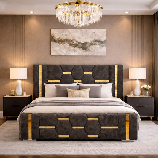 Modern bedroom with a large bed, nightstands, and decorative elements.