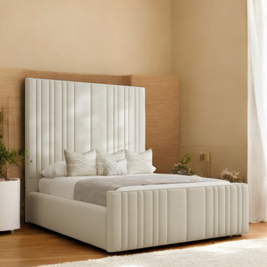 Sierra luxury panel bed with vertical upholstered headboard and matching base in a bright modern bedroom.