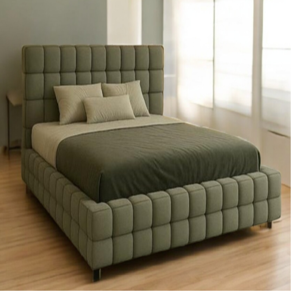 Verona luxury upholstered bed with deep padded headboard and base, styled in a bright bedroom with wooden flooring.