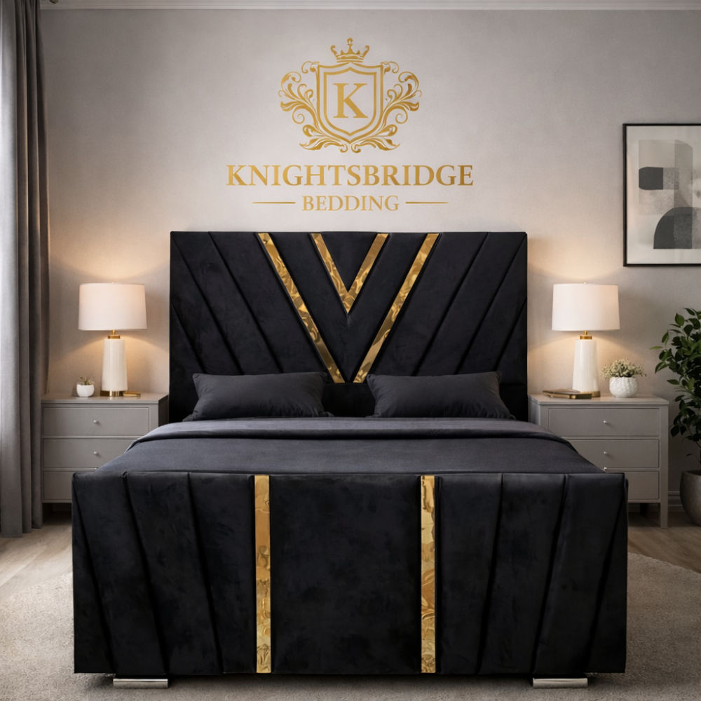 Black bed with gold accents in a bedroom setting, featuring the Knightsbridge Bedding logo.