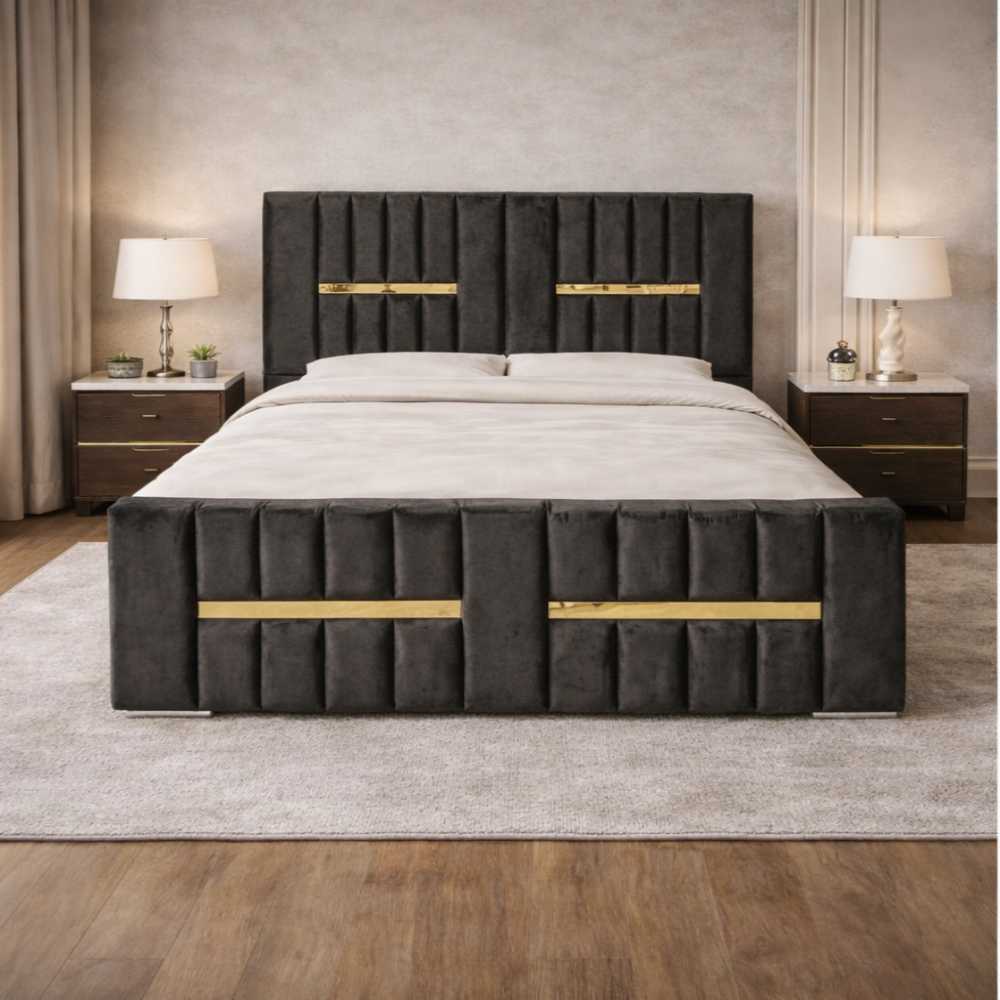 The Waterloo Luxury Panel Bed with dark velvet panels, gold accent bars, tall headboard and matching footboard in modern bedroom setting.