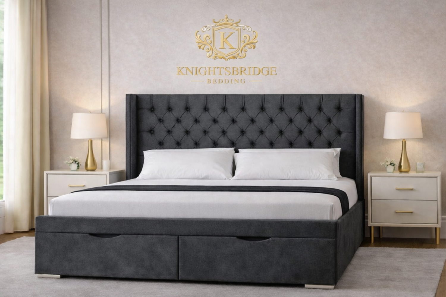 Gray upholstered bed with white bedding in a bedroom setting, featuring the Knightsbridge Bedding logo.