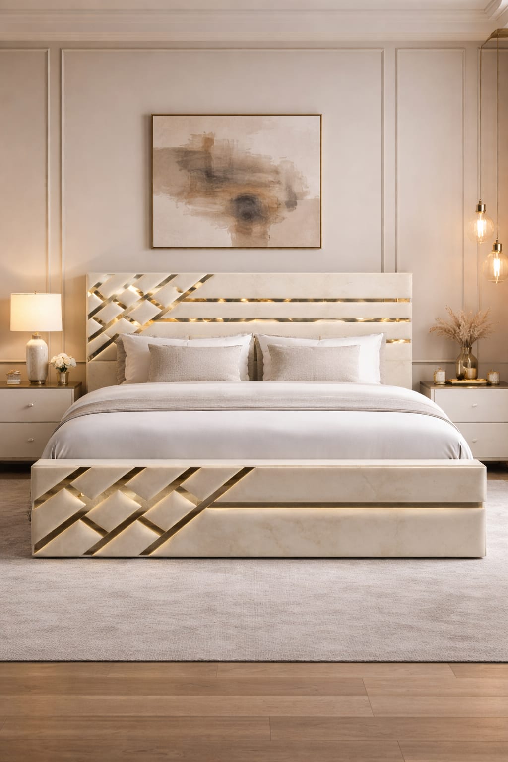 Modern bedroom with a stylish bed and decorative elements.