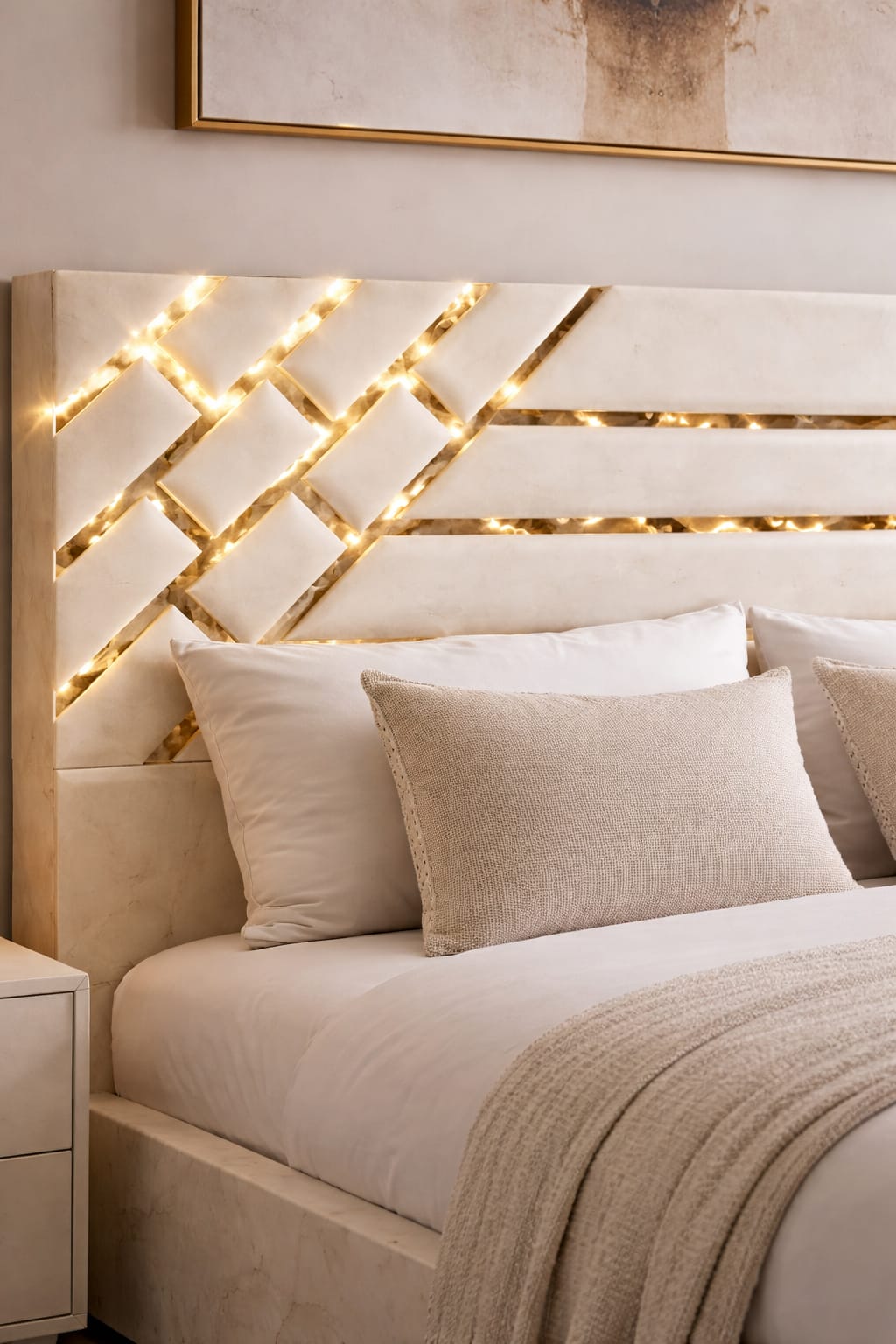 Neatly made bed with decorative headboard and string lights in a bedroom setting.