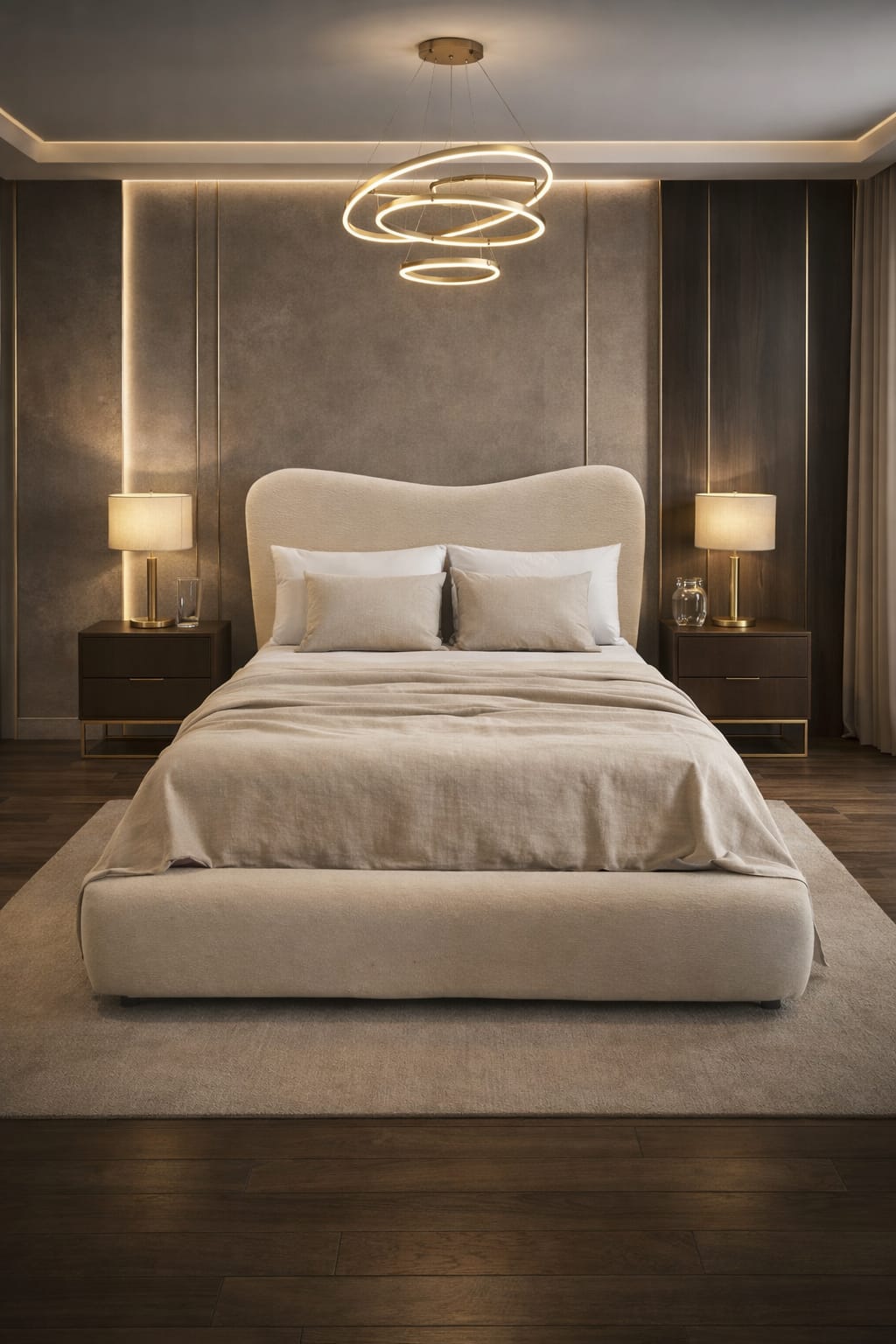 Modern bedroom with a beige bed, side tables, and wall lights.