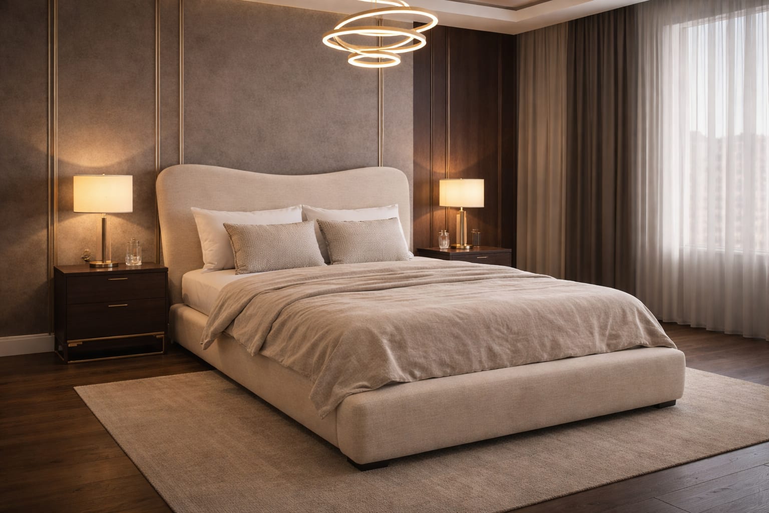Modern bedroom with a beige bed, side tables, and lamps.