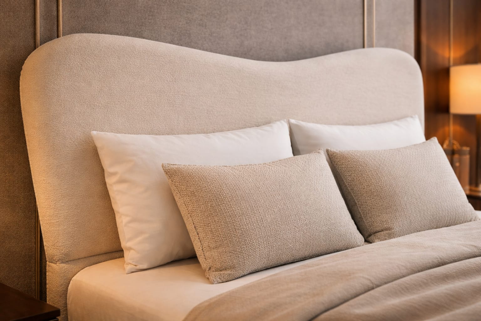 Beige upholstered headboard with pillows on a bed in a bedroom setting.