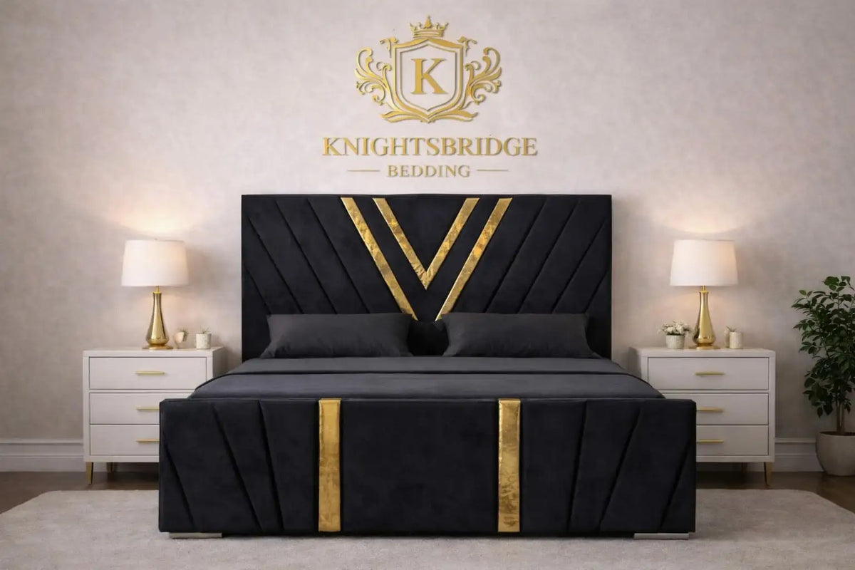 Black bed with gold accents in a bedroom setting, featuring Knightsbridge Bedding logo.
