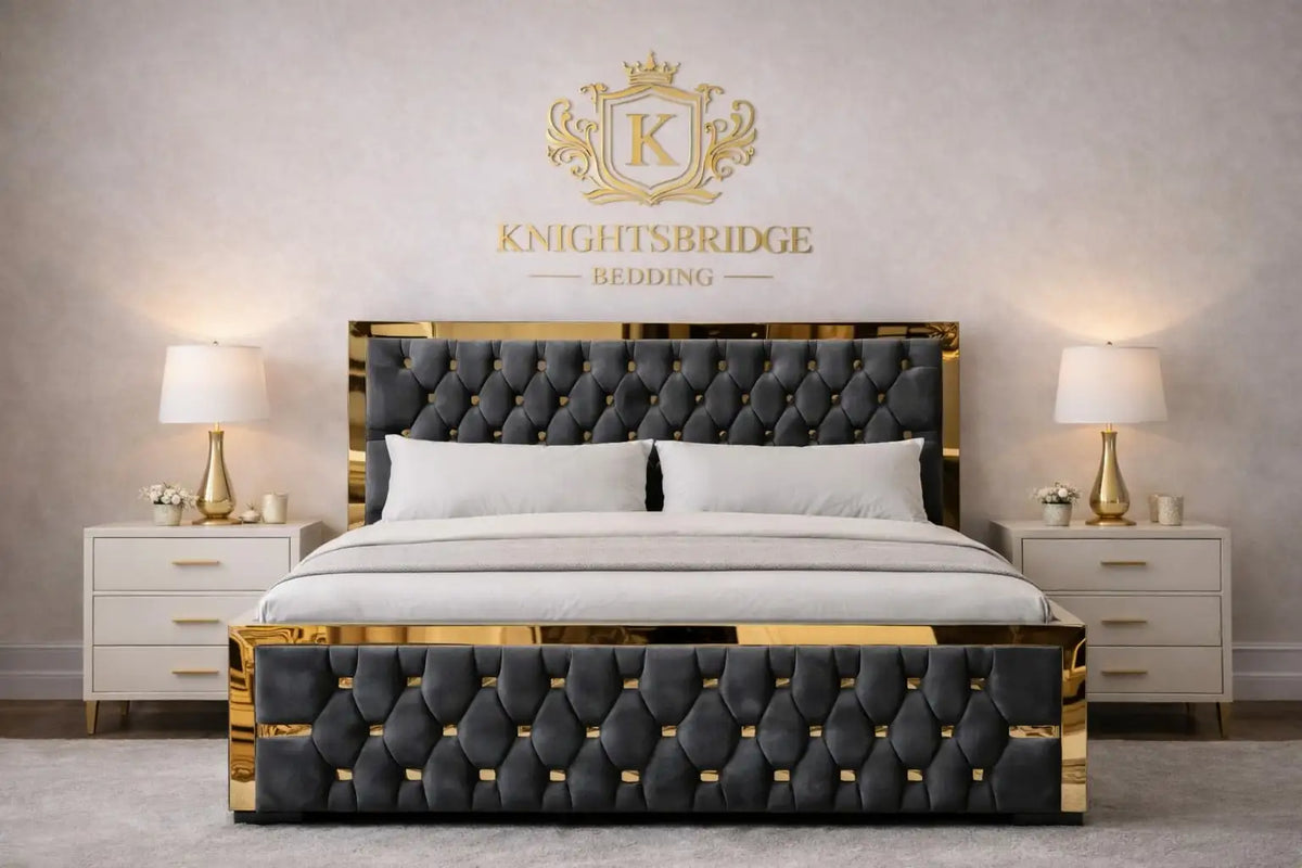 Luxury bed with tufted headboard and Knightsbridge Bedding logo in the background